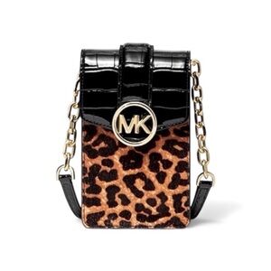 NWT Michael Kors Carmen Leopard Small NS Phone Crossbody Real Hair Calf